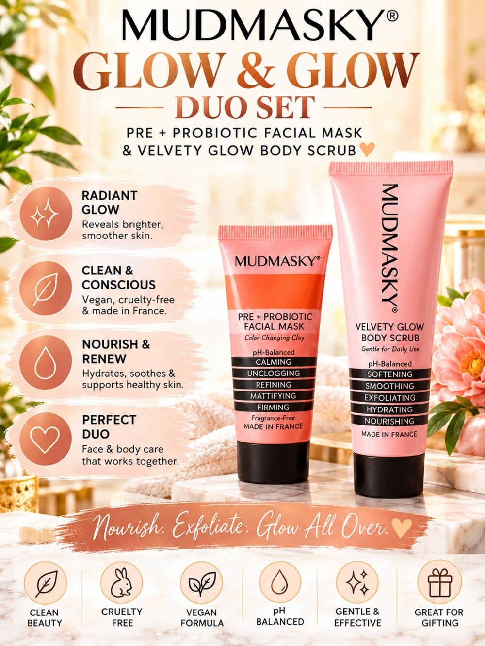 Mudmasky Glow Duo Set // Pre + Probiotic Facial Mask & Velvety Glow Body Scrub